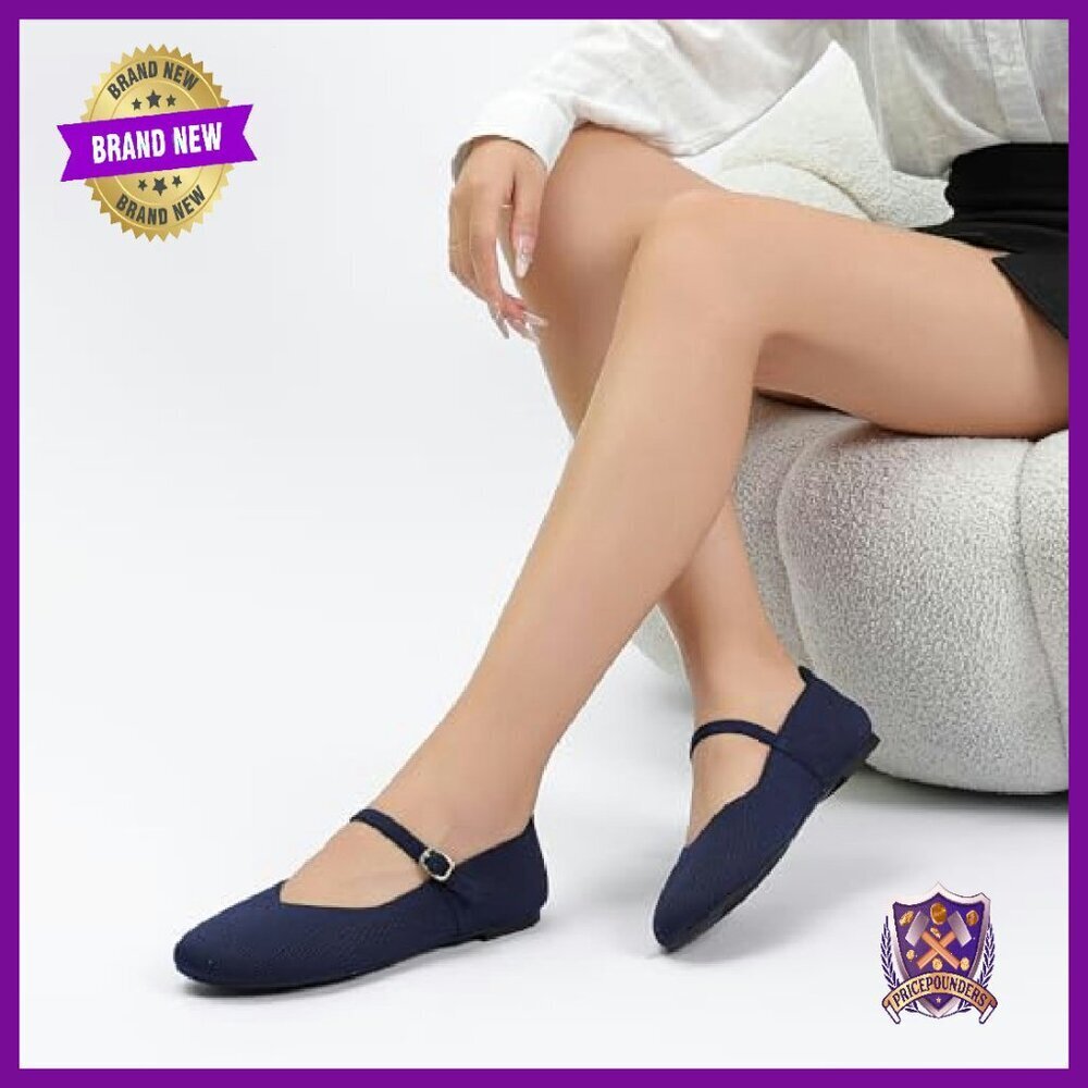 Women's Knit Ballet Flats with Adjustable Strap, Comfortable Work Shoes - Picture 3 of 8